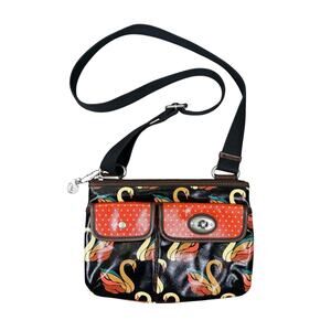 Fossil Key-Per Coated Canvas Swan Crossbody Bag Purse Boho Colorful Artsy Unique